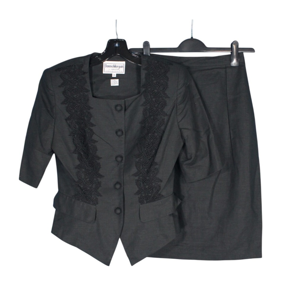 DONNA MORGAN Black LINEN BLEND Button-Up FLORAL LACE Jacket/Skirt OUTFIT SET 8